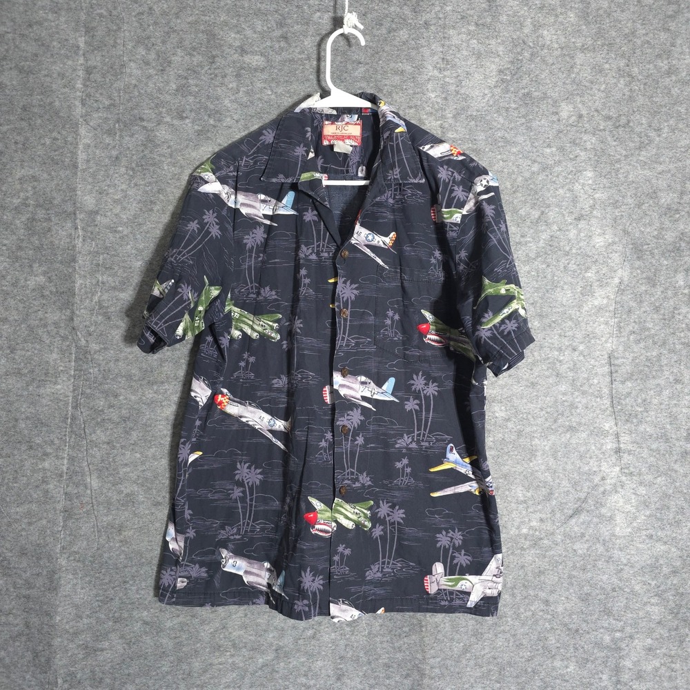 RJC Hawaiian Shirt Mens Large Navy WWII Fighter Plane Aviation Aloha Camp Top